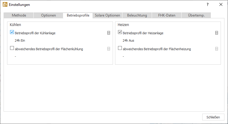 Einstellungen Betriebsprofile Linear Building