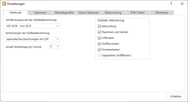 Dialog Einstellungen Linear Building