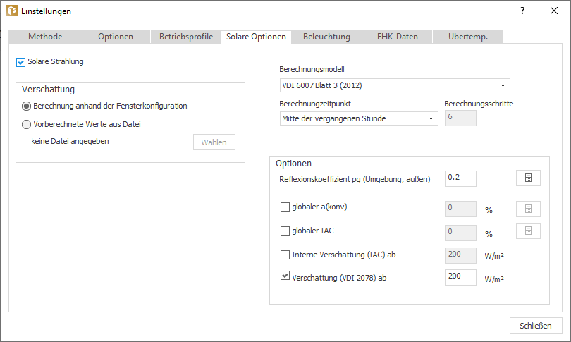 Einstellungen Solare Optionen Linear Building