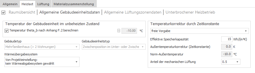 Bereich "Allgemeine Gebäudeeinheitsdaten" des Berechnungsverfahrens "ISSO 51 und 53" in LINEAR Building