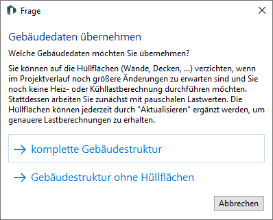Abfrage zur Übernahme der Gebäudedaten bei der Gebäudeerfassung in LINEAR Building