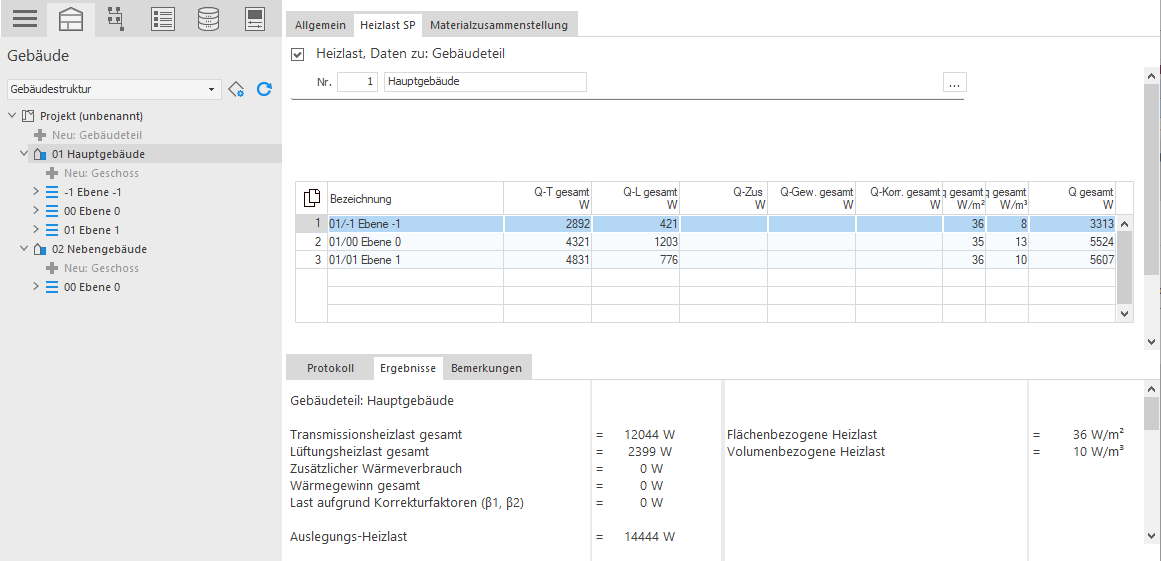 Bereich "Heizlast Daten zu: Gebäudeteil" in LINEAR Building