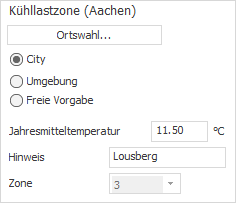 Bereich Kühllastzone in den allgemeinen Kühllastdaten von LINEAR Building