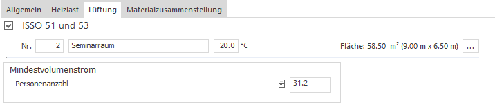 Bereich "ISSO 51 und 53" auf Raumebene des Moduls Lüftung in LINEAR Building.