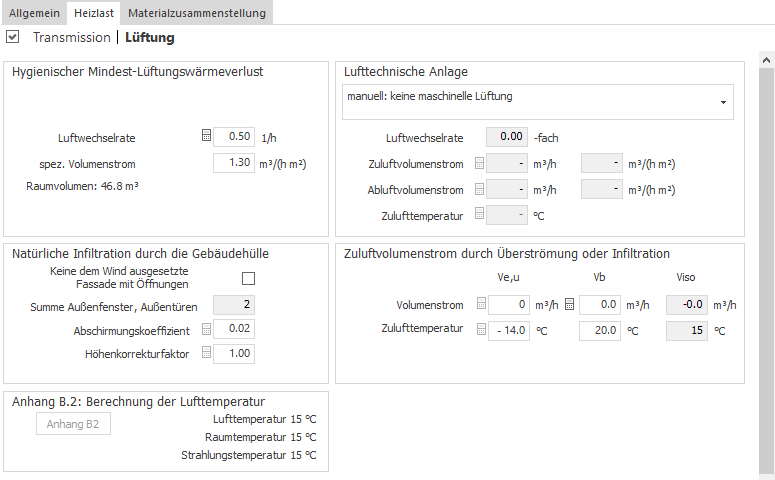Bereich Lüftung des Moduls Heizlast in LINEAR Building