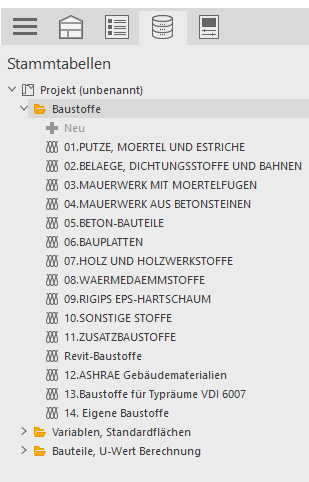 Stammtabellen Baustoffe Linear Building