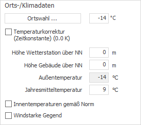 Bereich Orts-/Klimadaten in den allgemeinen Heizlastdaten von LINEAR Building