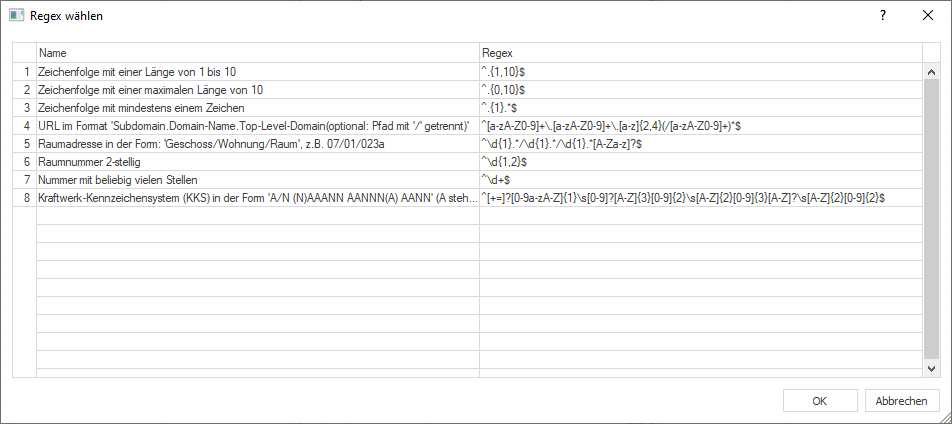 Dialog "Regex wählen" in LINEAR Building