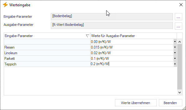 Dialog Werteingabe des Moduls Raumbuch in LINEAR Building