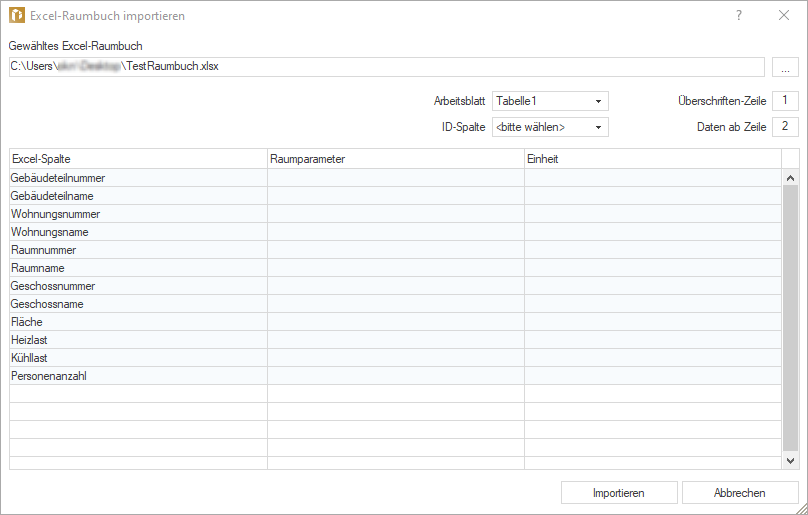 Dialog "Excel-Raumbuch importieren" in LINEAR Building