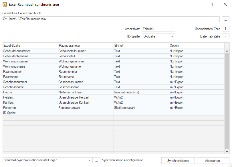 Dialog "Excel-Raumbuch synchronisieren" in LINEAR Building