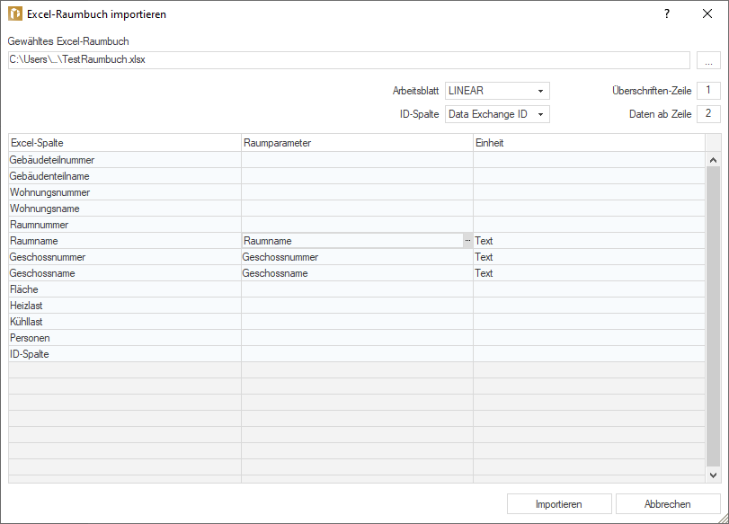 Dialog "Excel-Raumbuch importieren" in LINEAR Building