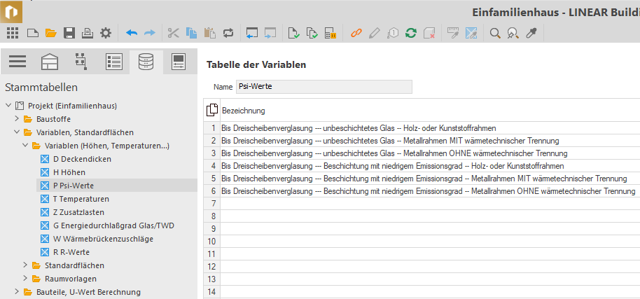 Tabelle der Variablen Linear Building