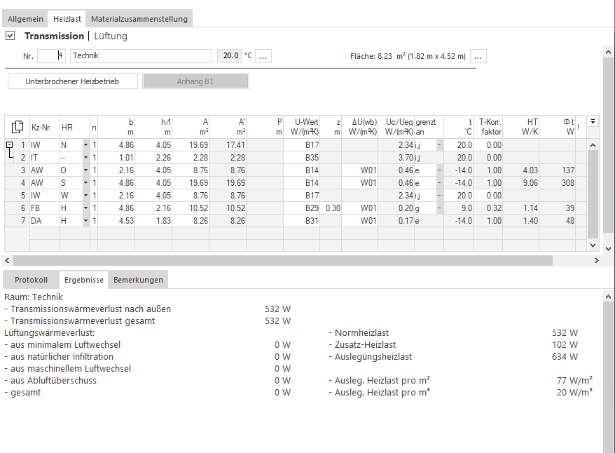 Bereich Transmission im Modul Heizlast von LINEAR Building