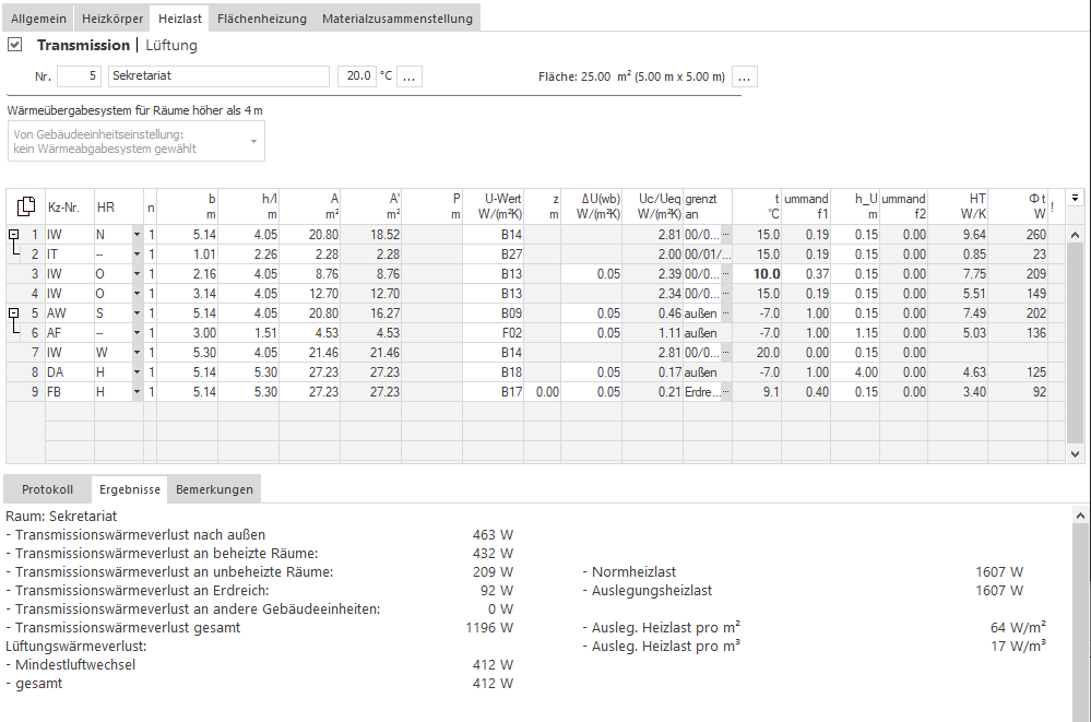 Bereich Transmission im Modul Heizlast von LINEAR Building