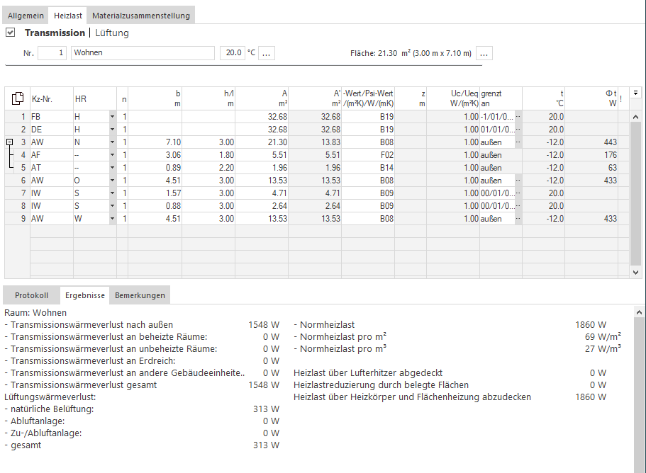 Bereich Transmission im Modul Heizlast von LINEAR Building