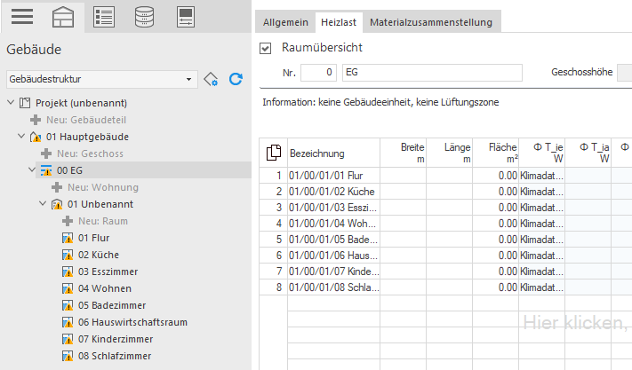 Bereich Raumübersicht mit hinzugefügten Räumen