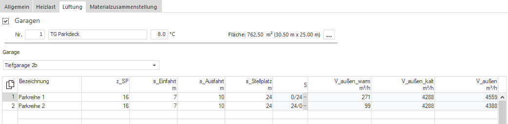Bereich "Garagen" auf der Raumebene im Modul Lüftung von LINEAR Building
