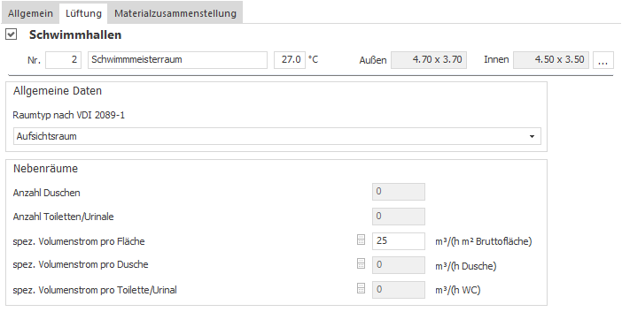 Bereich "Schwimmhallen" der restlichen Raumtypen im Modul Lüftung von LINEAR Building.