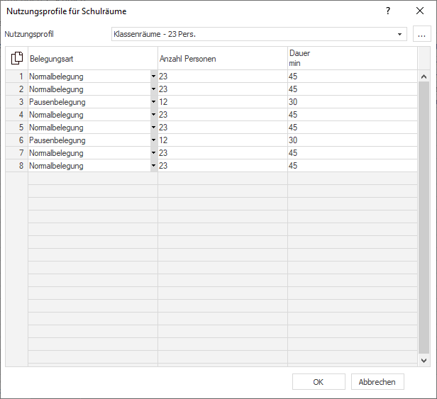 Dialog "Nutzungsprofile für Schulräume" in LINEAR Building