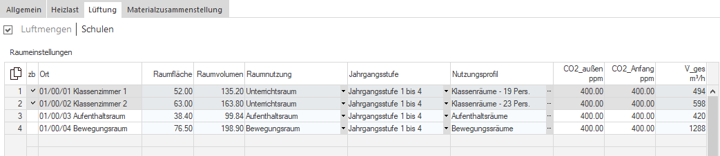 Bereich "Schulen" auf Projektebene des Moduls Lüftung in LINEAR Building.