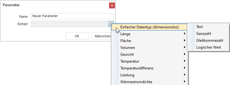Kontextmenü des Dialogs Parameter