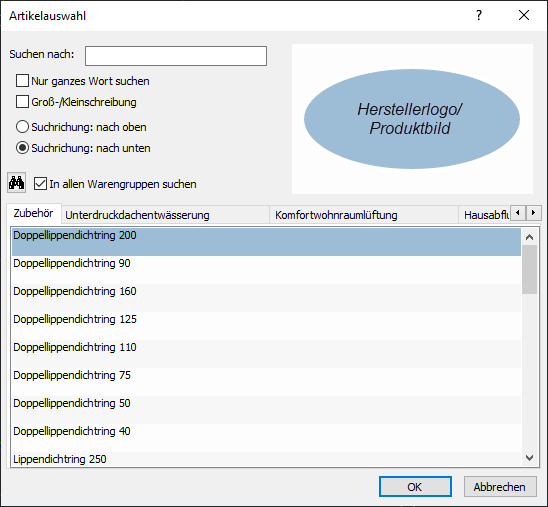 Dialog Artikelauswahl Linear Revit