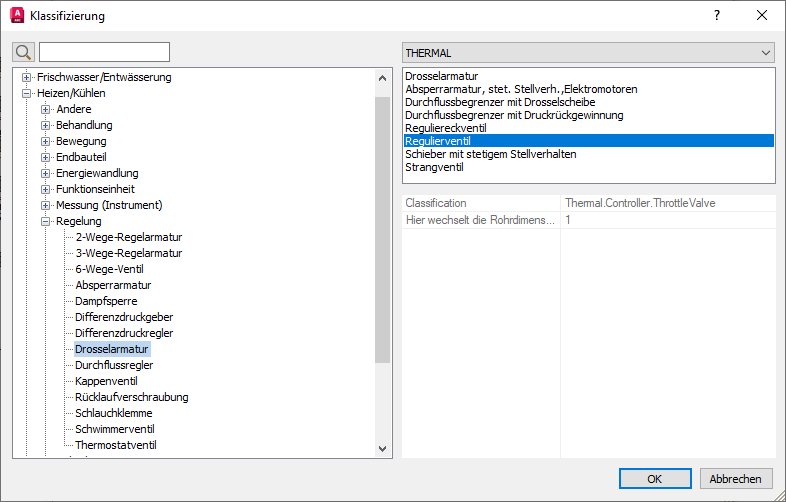 Dialog Klassifizierung in den LINEAR Solutions für Autodesk AutoCAD