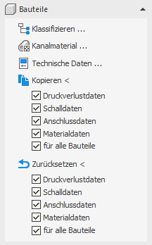 Bereich Bauteile der Disziplin Lüftung in den LINEAR Solutions für Autodesk AutoCAD