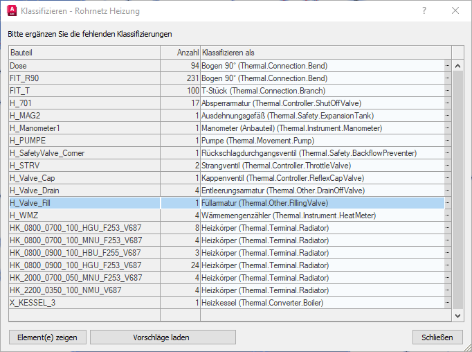 Dialog Klassifizieren in den LINEAR Solutions für Autodesk AutoCAD