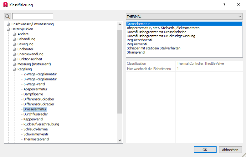 Dialog Klassifizierung mit einer gewählten Bauteilvariante in den LINEAR Solutions für Autodesk AutoCAD