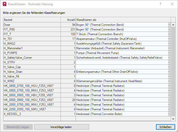 Dialog Klassifizieren in den LINEAR Solutions für Autodesk AutoCAD