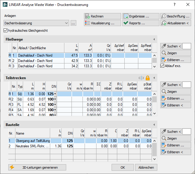 Berechnungsdialog Abwasser Linear AutoCAD