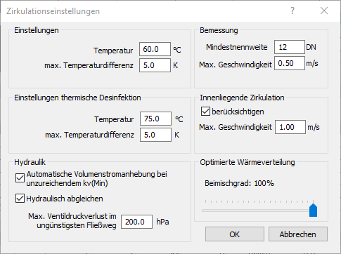 Dialog Zirkulationseinstellungen Zirkulationsanlage Trinkwasser LINEAR AutoCAD
