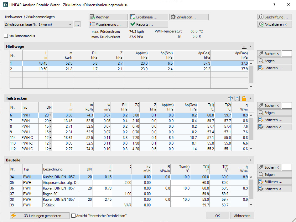 Berechnungsdialog Trinkwasser Zirkulationsanlagen LINEAR AutoCAD