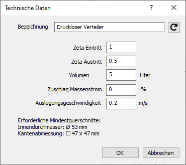 Dialog "Technische Daten" für hydraulische Weichen und drucklose Verteiler in den LINEAR Solutions für Autodesk Revit