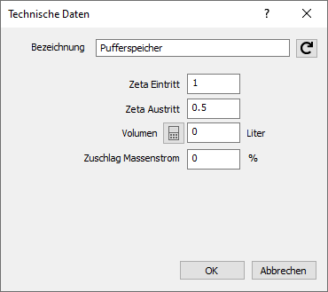 Dialog "Technische Daten" eines Pufferspeichers (hydraulische Weiche) in den LINEAR Solutions für Autodesk Revit