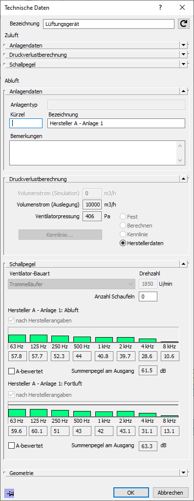 Dialog Technische Daten Linear Revit