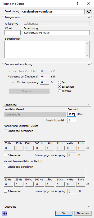 Dialog Technische Daten Linear Revit