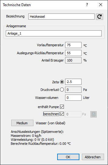 Dialog Technische Daten von Wärmeerzeugern (inkl. Solarkollektoren) und Kälteerzeugern LINEAR Analyse Revit