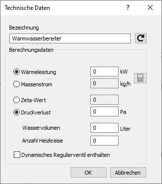 Dialog "Technische Daten" von Warmwasserbereitern - LINEAR Solutions