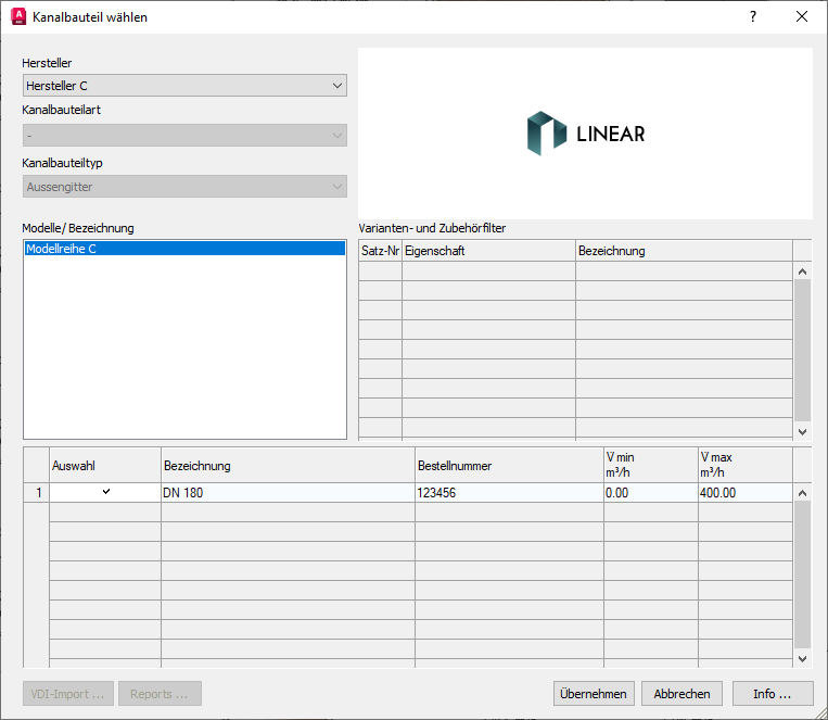 Kanalbauteil wählen Linear Revit