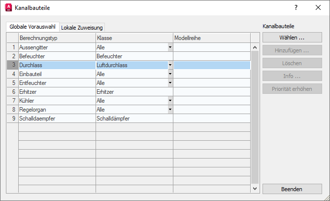 Kanalbauteile Auswahl Linear AutoCAD