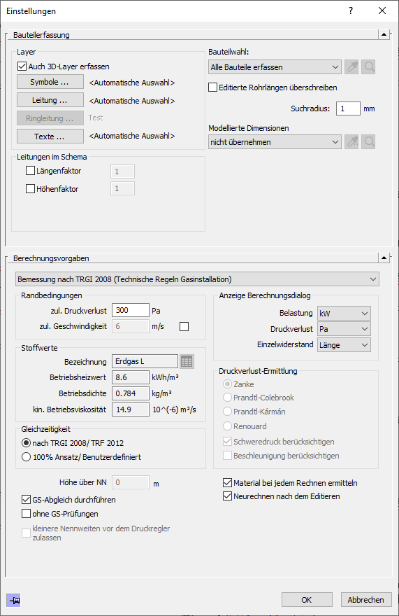 Dialog Einstellungen für die Berechnung Gas in den LINEAR Solutions für Autodesk AutoCAD