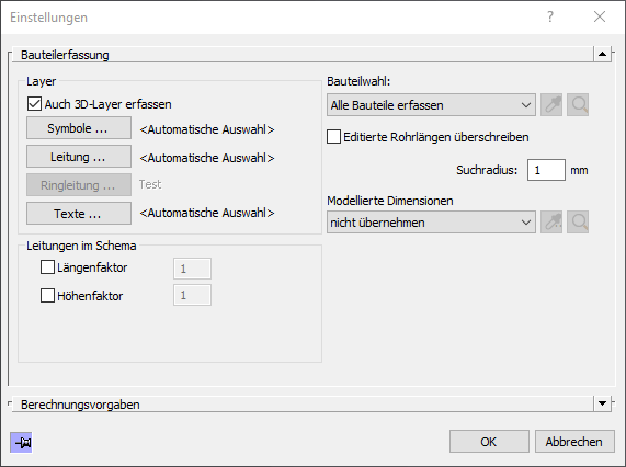 Bereich Bauteilerfassung in den LINEAR-Einstellungen für Gas in Autodesk AutoCAD