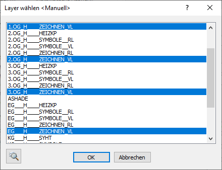 Dialog "Layer wählen" in den Berechnungseinstellungen der LINEAR Solutions für Autodesk AutoCAD