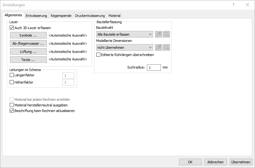 Dialog Einstellungen für Abwasser/Dachentwässerung in den LINEAR Solutions für Autodesk AutoCAD