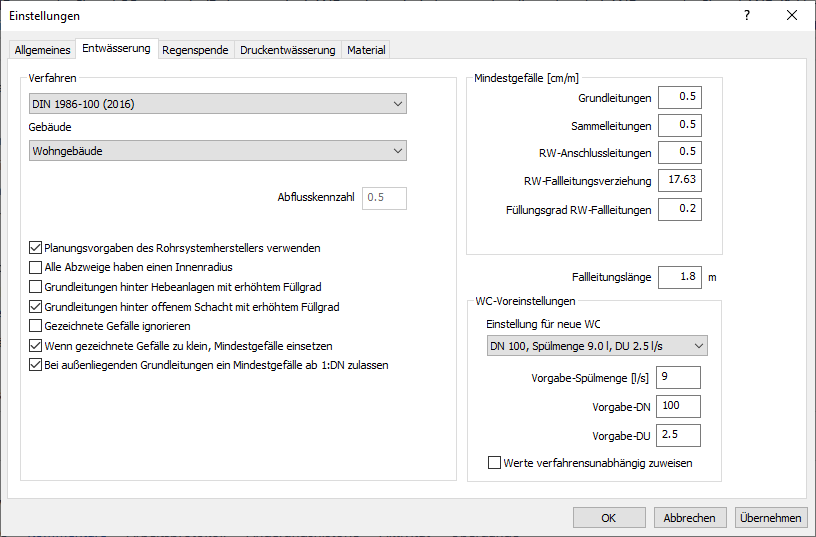 Registerkarte Allgemeines in den Einstellungen für Abwasser der LINEAR Solutions für Autodesk AutoCAD