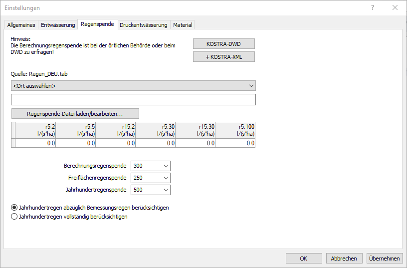 Registerkarte Regenspende in den Einstellungen Abwasser/Dachentwässerung der LINEAR Solutions für Autodesk AutoCAD