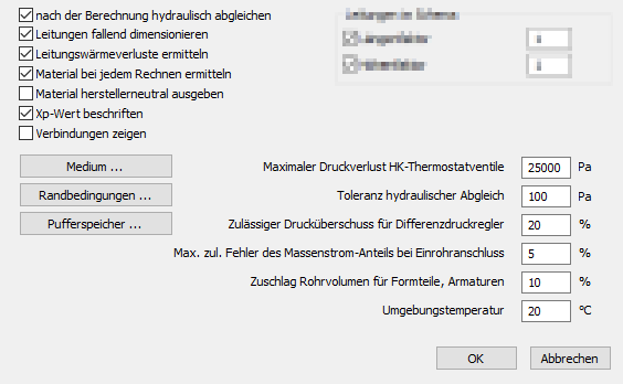 Berechnungsvorgaben in den Einstellungen für Heizung/Kälte der LINEAR Solutions für Autodesk AutoCAD